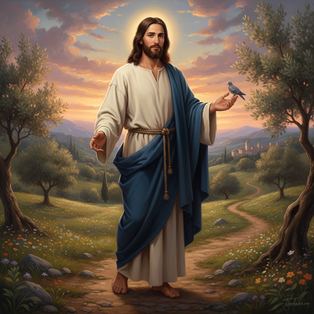 A portrait painting of Jesus Christ standing in a peaceful outdoor landscape, with trees, flowers, and rolling hills. He h...